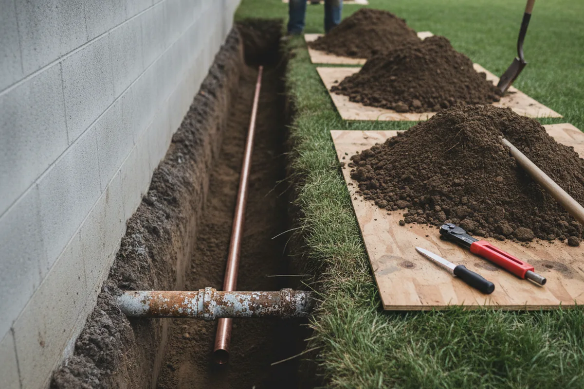 Excavated water line trench during Water Softener Installation in Westbury